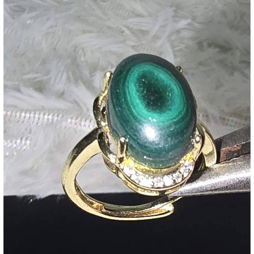 New Malachite‎ Cabochon White Rhinestone Statement Ring Sz Adjustable